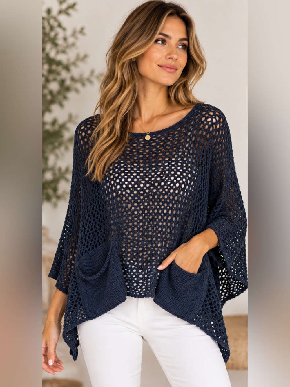 Carolina Herrera CH Open-Knit Navy Women's Pullover Crochet Sweater